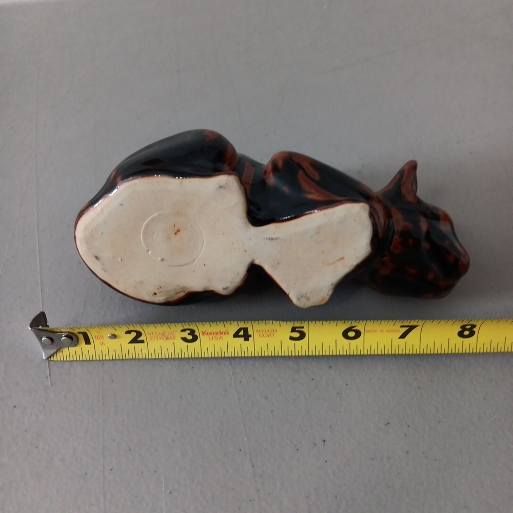 Crouching Calico Cat Figurine Drip Glazed Ceramic 8" Long Hunter Black Brown MCM - Picture 11 of 12